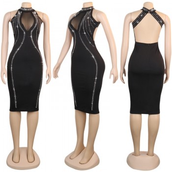 2020 Summer New Hot Women's Hot Drilling Dress Backless Perspective Zipper Dress Fashion Sexy Nightclub Club Party Black Dress